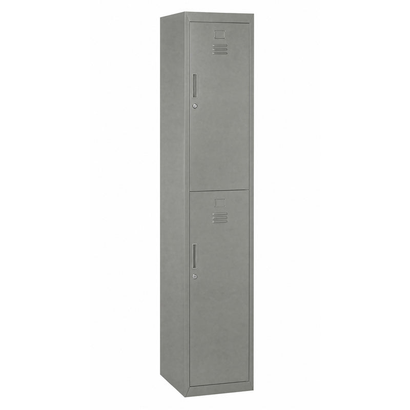 Tall grey steel locker cabinet with two lockable compartments and internal shelves