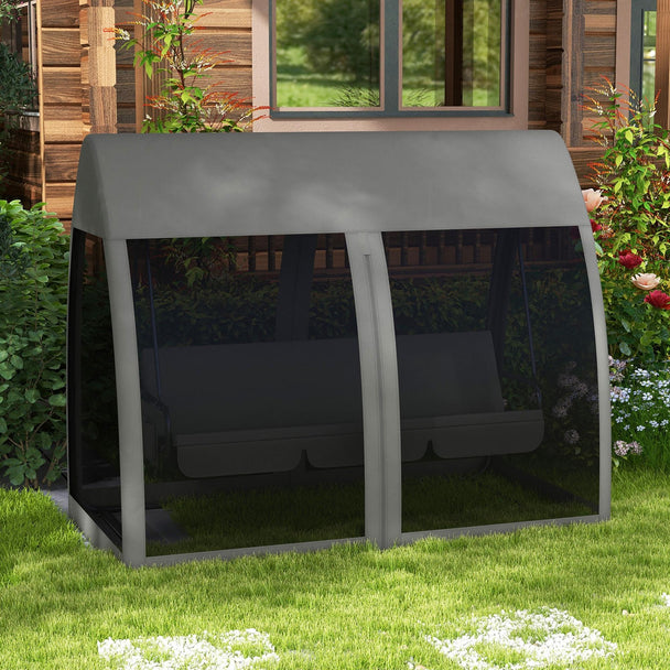 Grey swing bed with mesh canopy – image 2