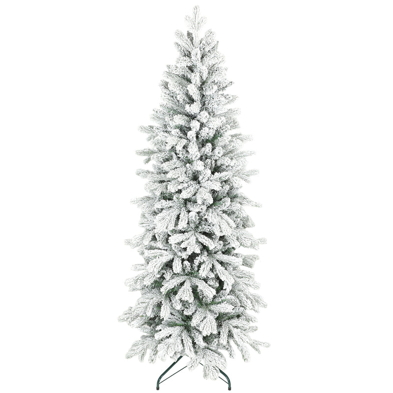 6ft slim pencil Christmas tree with green branches and frosted white tips
