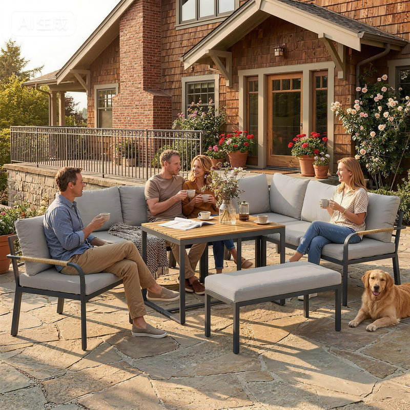 Outsunny 7 Seater Garden Furniture Set, Metal Garden Sofa Set with Cushions, Outdoor Furniture Conversation Sets, Light – view 10