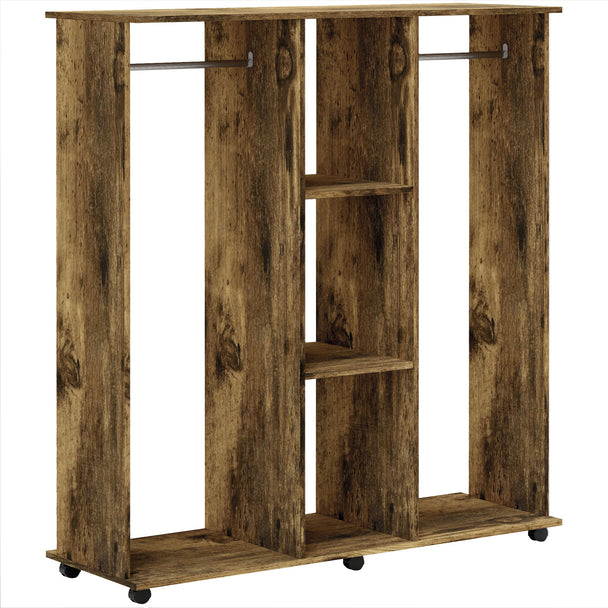 Rustic brown 120 cm double open wardrobe with two hanging rails, centre shelves and wheels