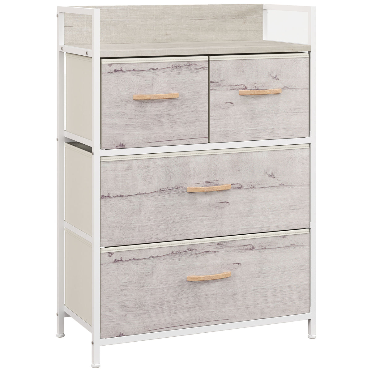 4-drawer fabric chest with natural wood-effect top and black steel frame