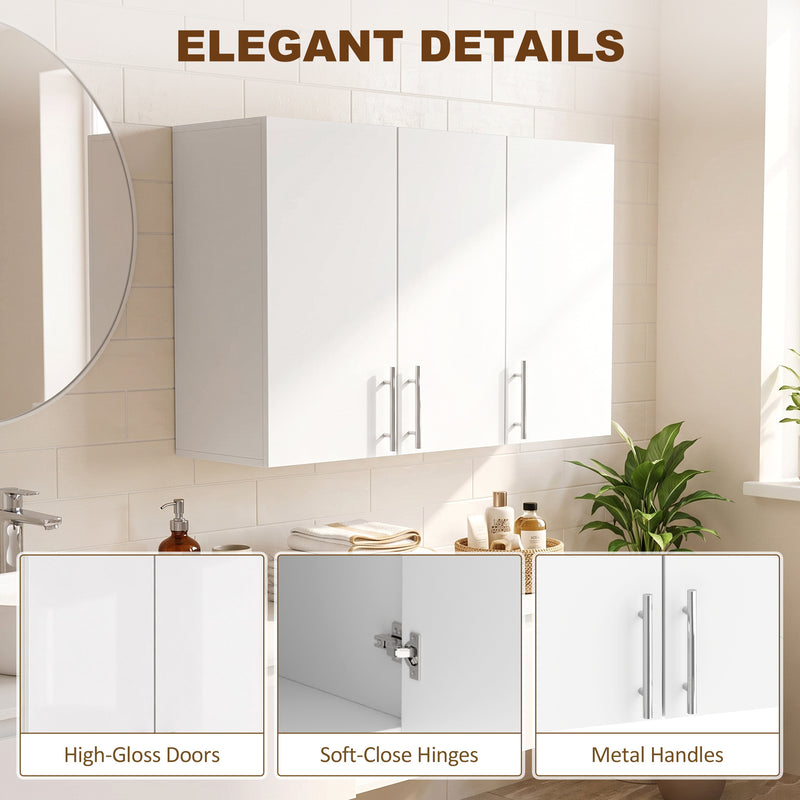 HOMCOM Bathroom Wall Cabinet, Wall-Mounted Bathroom Storage Cabinet with 3 Doors, Adjustable Shelf, High Gloss White – view 7