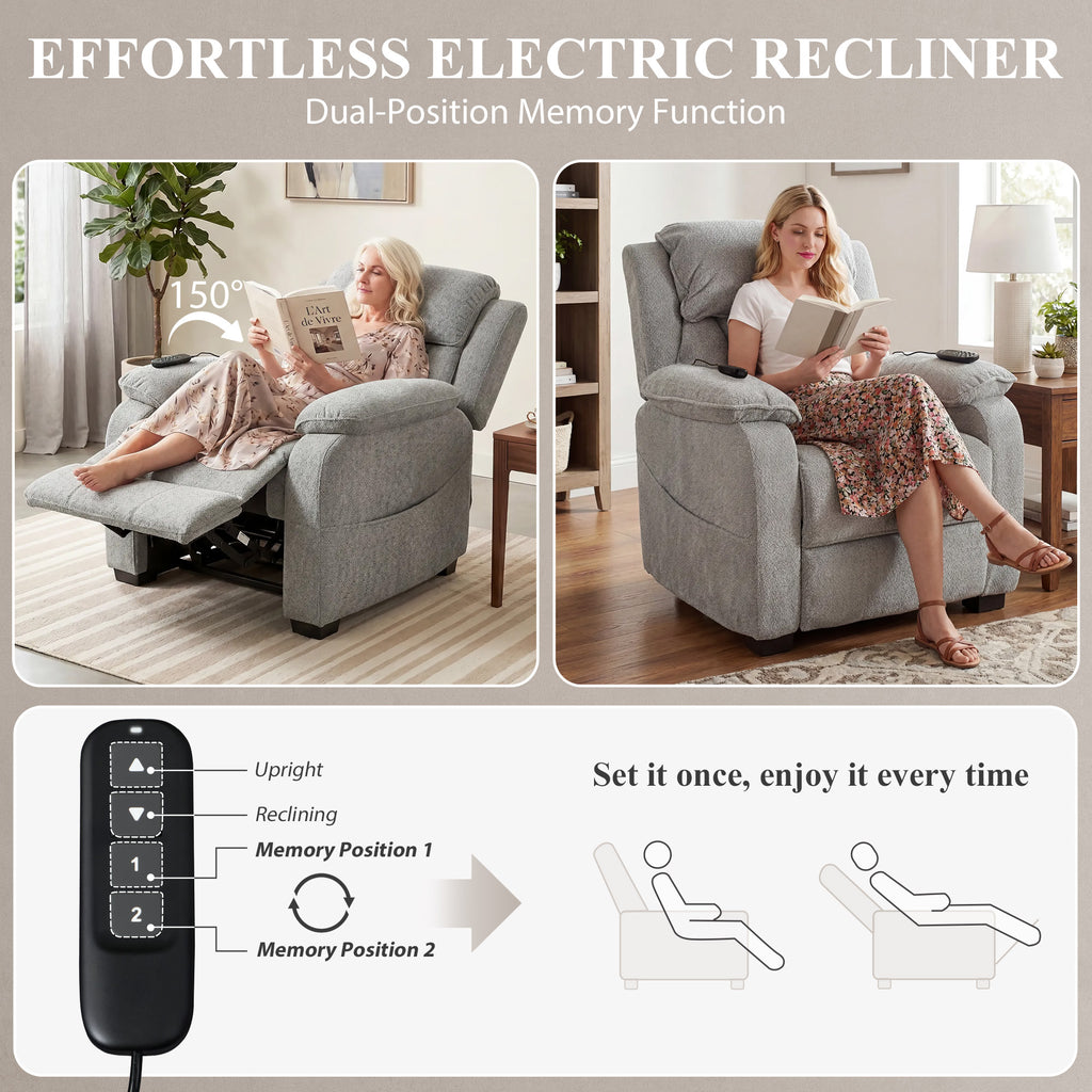 Power Recliner Armchair with Massage and Heat, Electric Reclining Chair with Wide Spring Seat, Light Grey