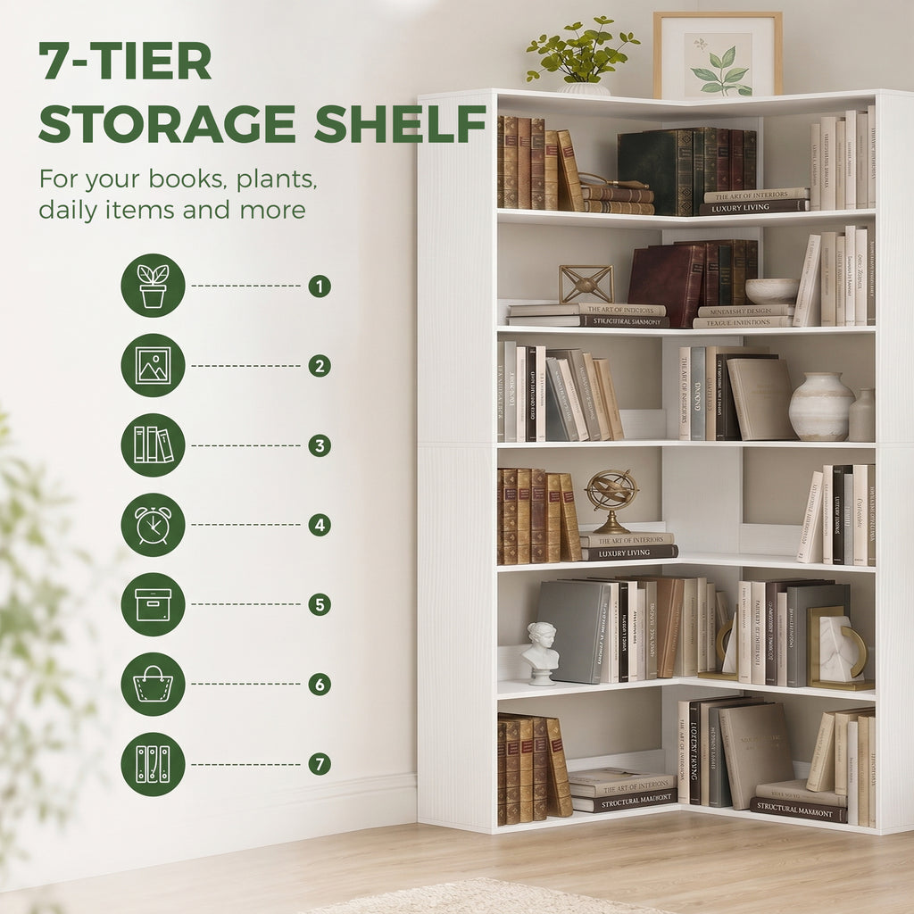 7 Tiers Bookshelf, L-Shaped Corner Bookcase with Anti-Slip Rear Guard, White Wood Effect