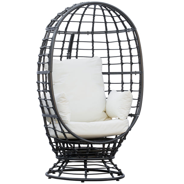 Black rattan 360° swivel egg chair with thick white cushion and pillows