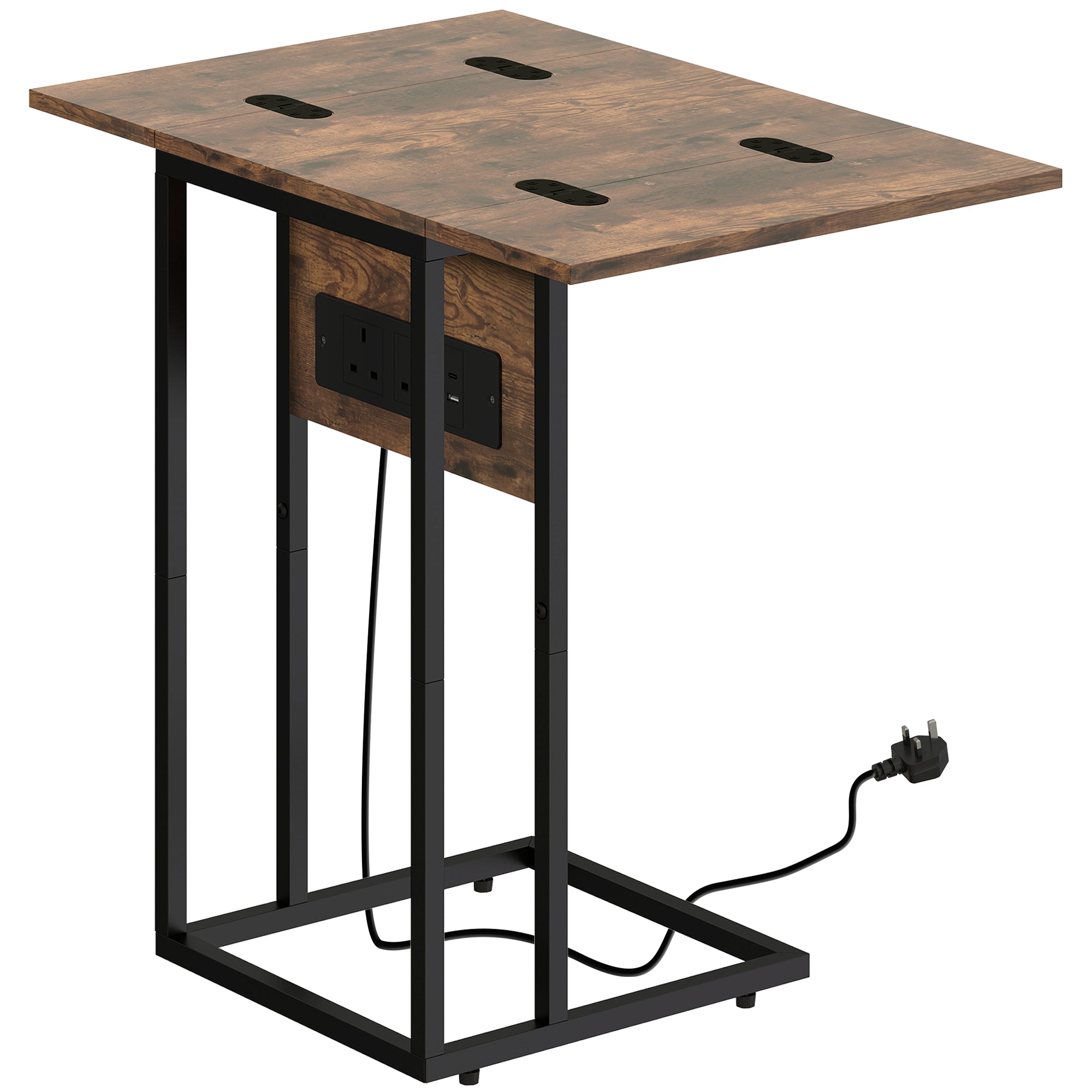 C Shaped Side Table with Charging Station and Foldable Top - Rustic Brown