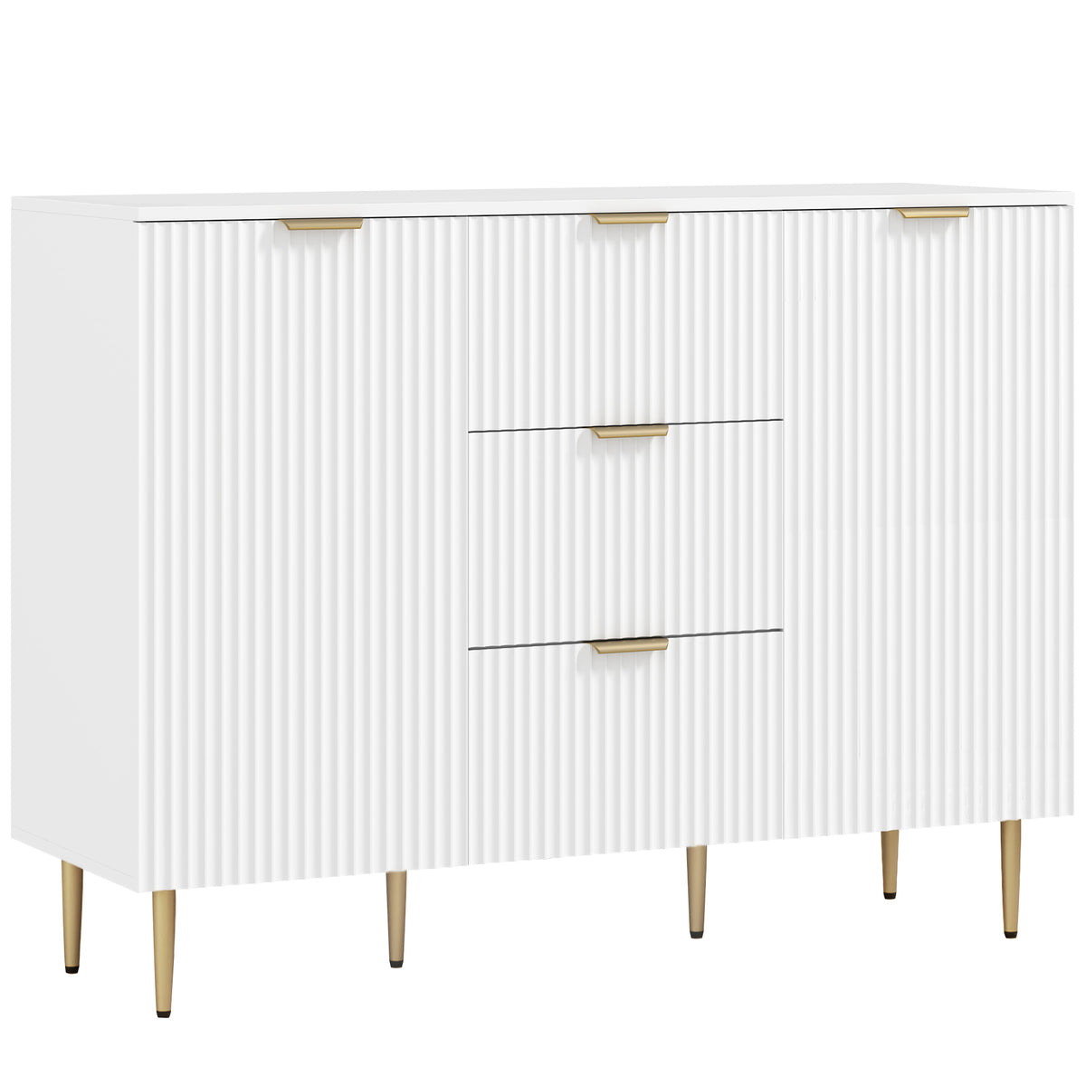 White fluted sideboard with two doors, three drawers, gold-tone handles and metal legs