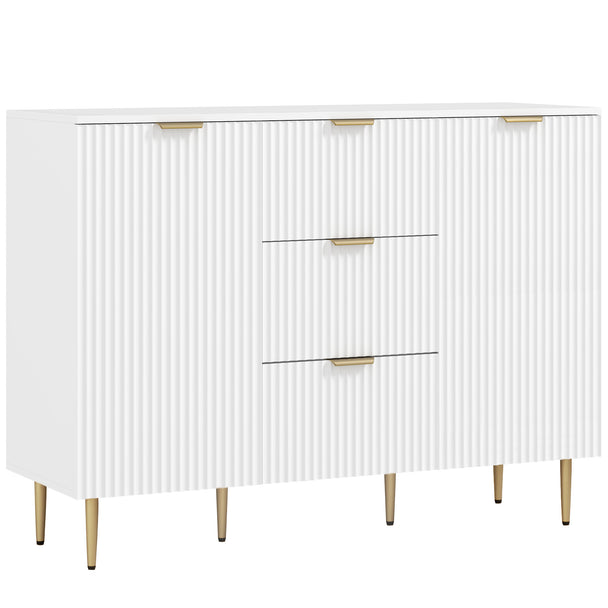 White fluted sideboard with two doors, three drawers, gold-tone handles and metal legs