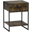Rustic brown bedside table with drawer, open shelf and black steel frame