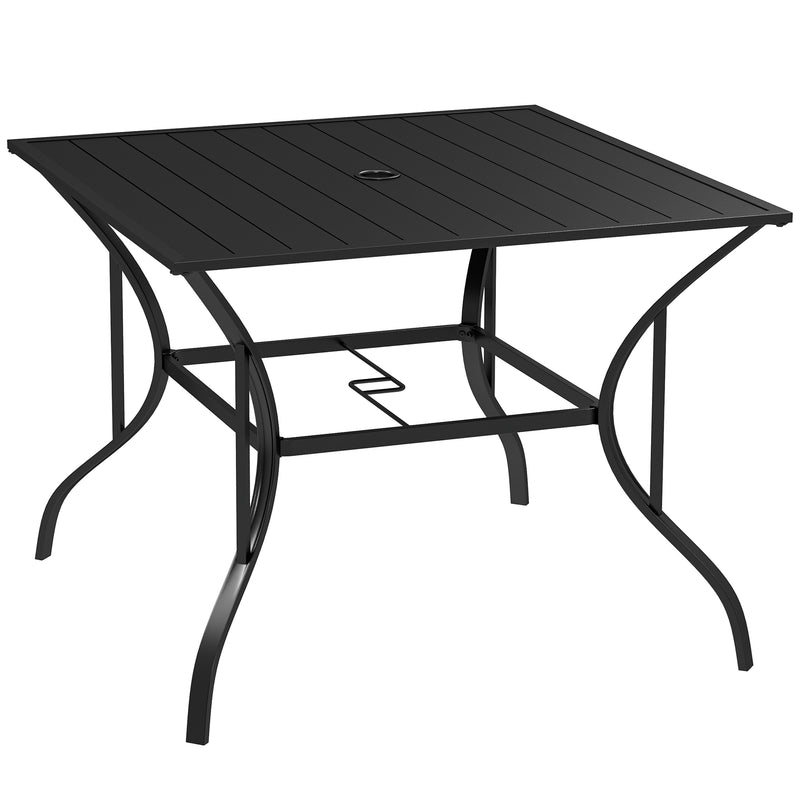 Black 94 cm square slatted steel garden table with parasol hole