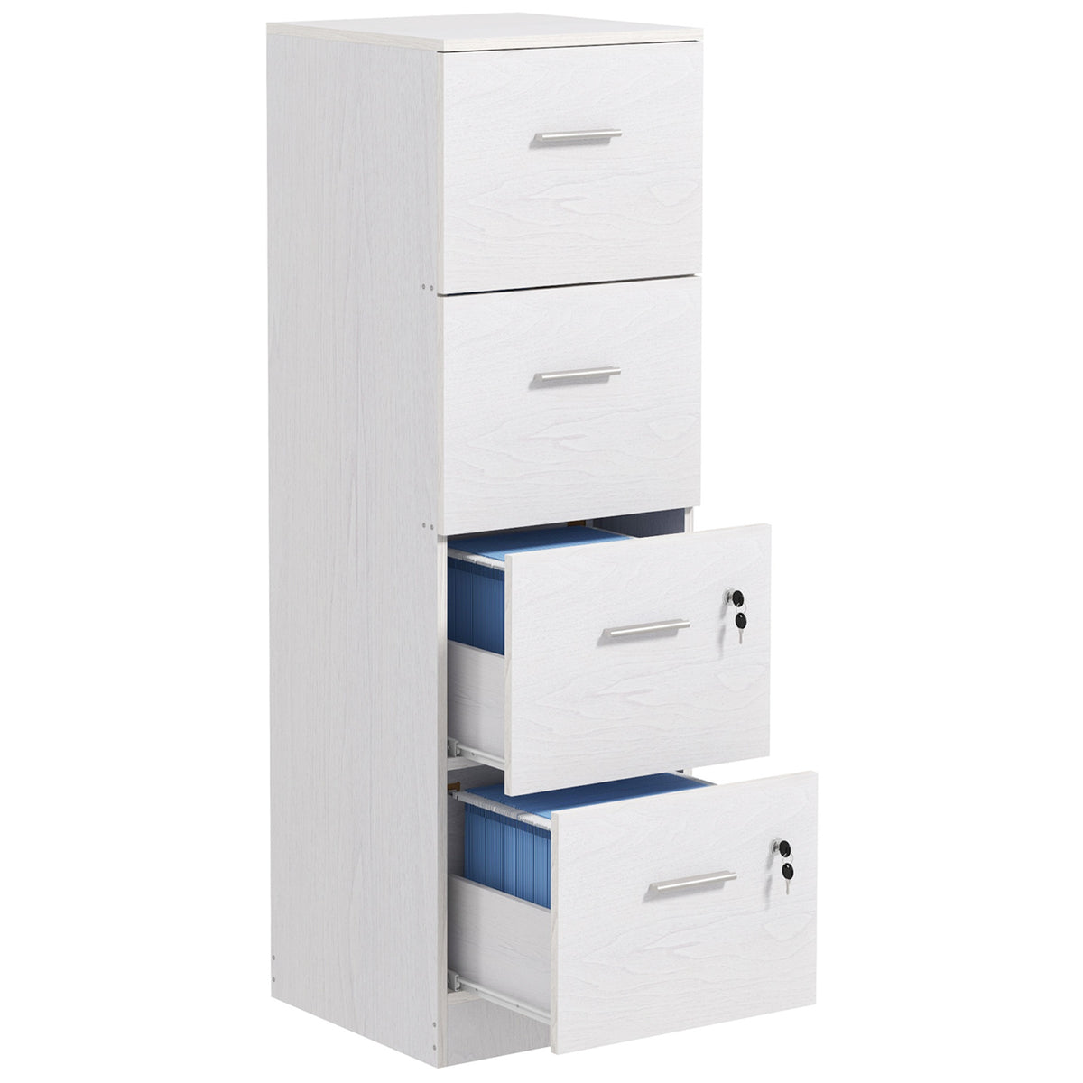 Tall white wood-effect four-drawer filing cabinet with two lockable bottom drawers