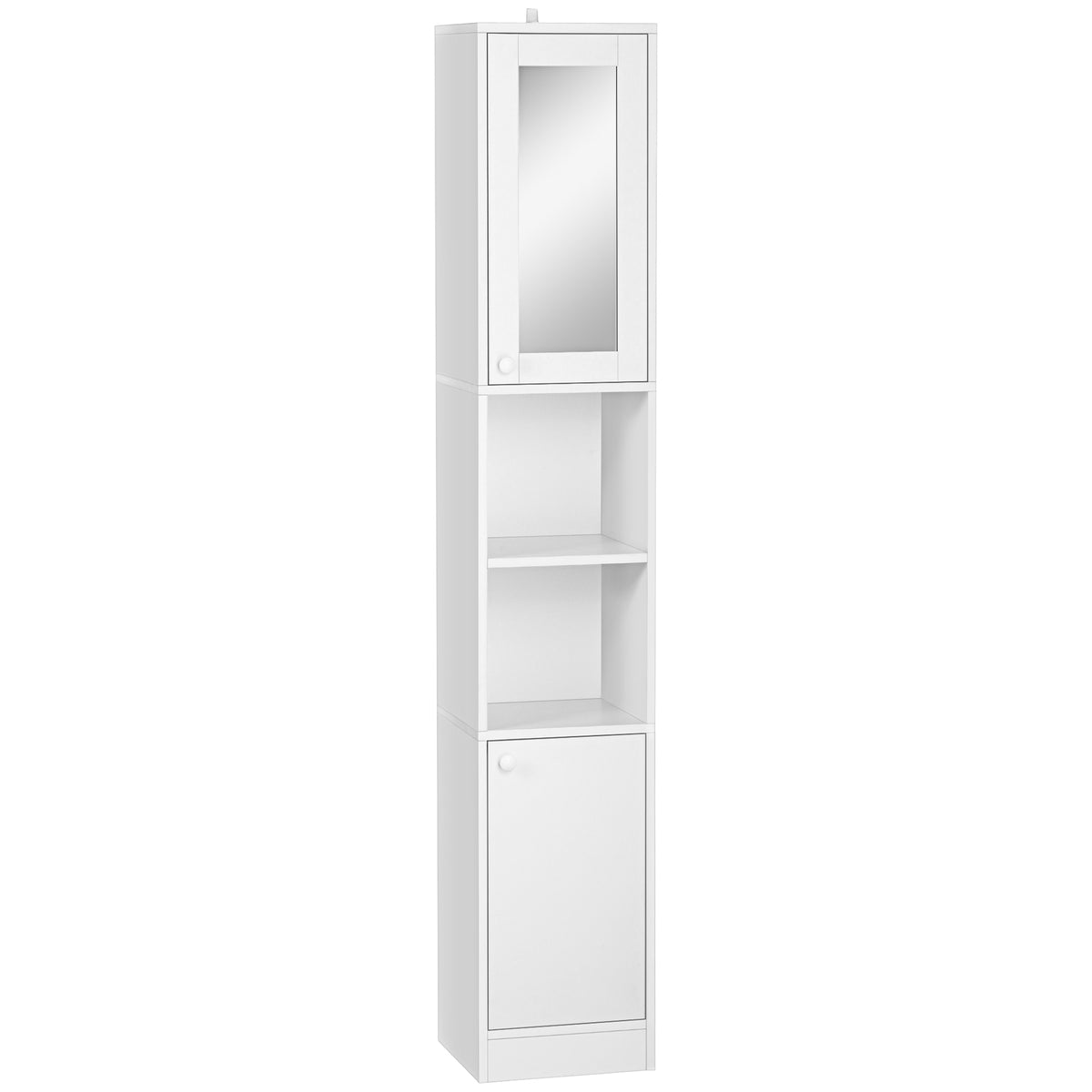 White tall narrow bathroom cabinet with mirrored top door, two cupboards and open shelves
