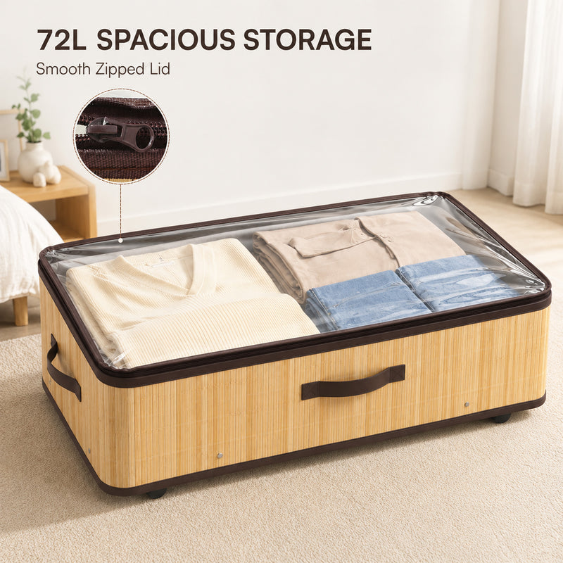 HOMCOM 72L Under Bed Storage with Wheels Pack of 2, Underbed Storage Box with Clear Lid Cover and Reinforced Handle – view 6