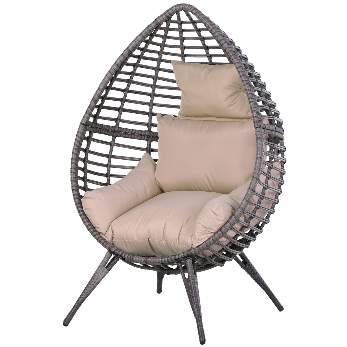 Grey rattan teardrop egg chair with full-body beige padded cushion on four slanted legs