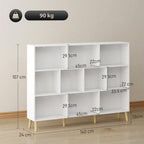10-Cube Bookcase, 3-Tier Book Shelf with Solid Wood Legs, 140 cm Modern Bookshelf with Anti-Tip Kit for Bedroom, White