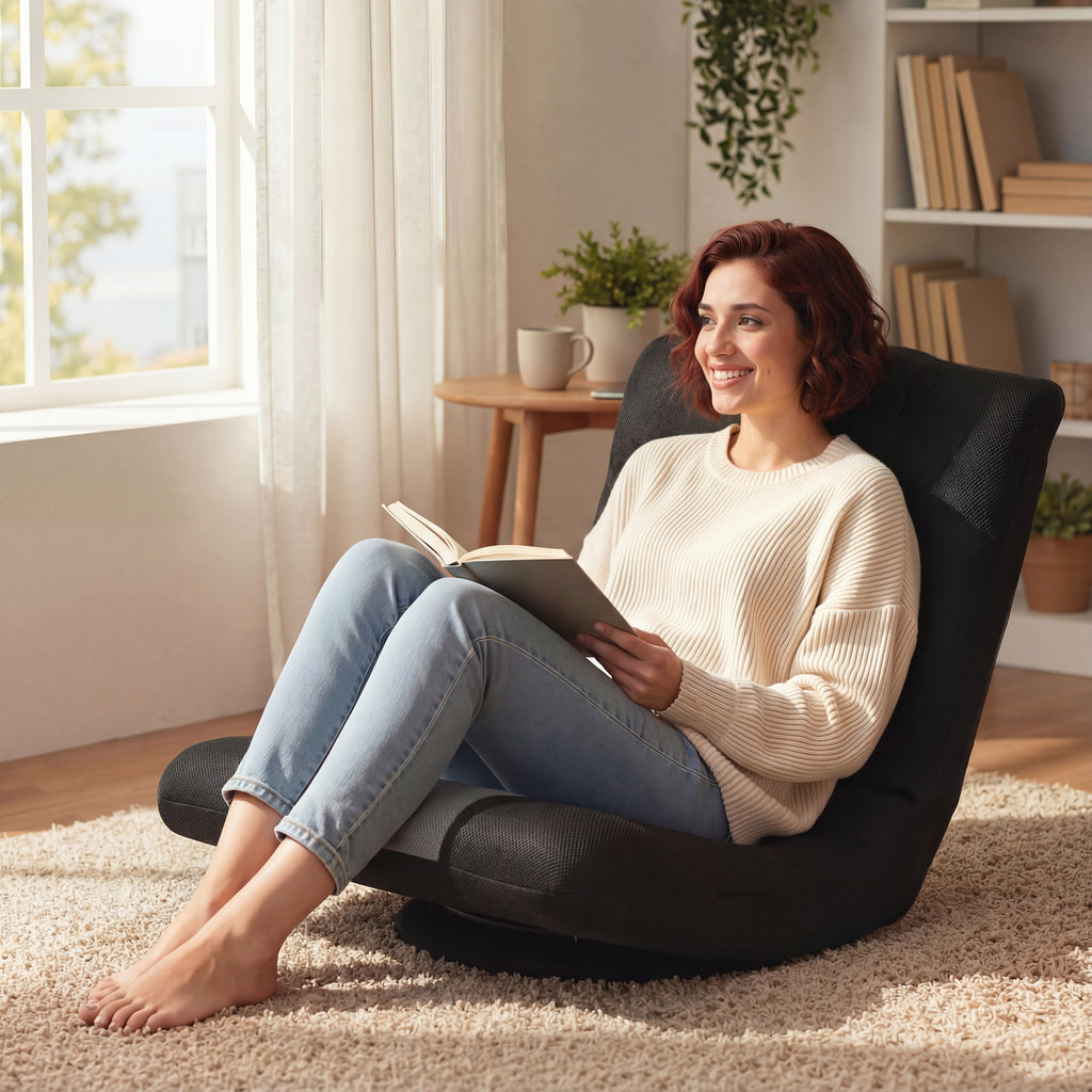 Floor Chair, Folding Floor Sofa with Adjustable Backrest, Wide Seat, Swivel Base, Black
