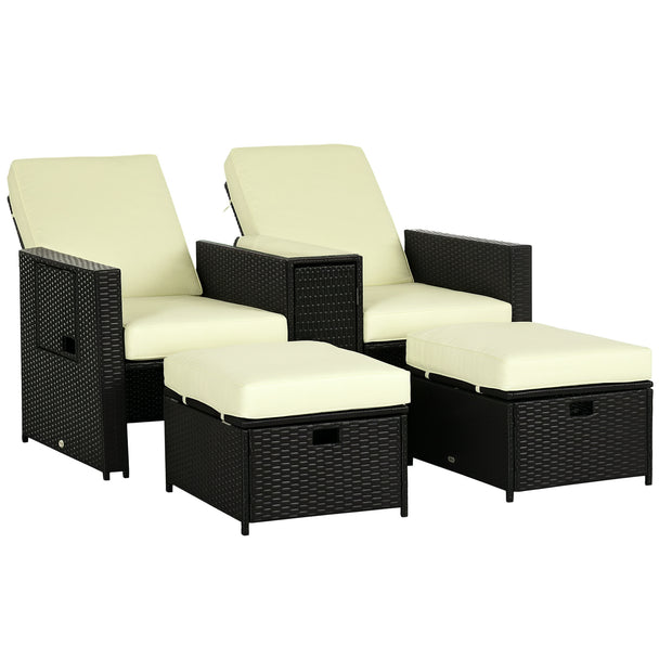 Black 5-piece reclining rattan lounger set with beige cushions, storage footstools and glass side table