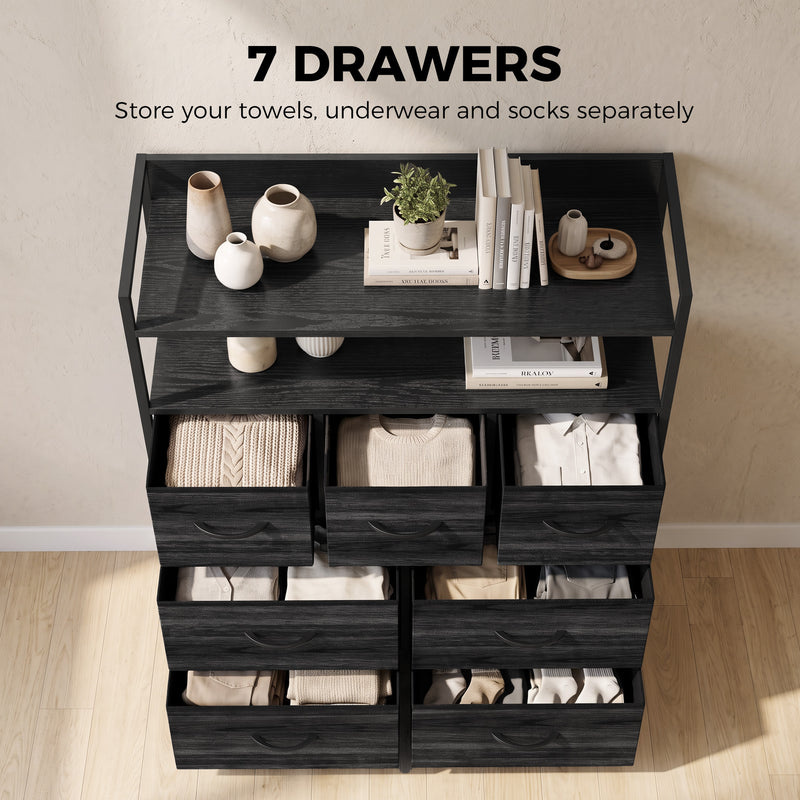 HOMCOM Chest of Drawers, Bedroom Fabric Dresser with 7 Drawers, Storage Organiser Unit with Open Shelves, Black – view 4