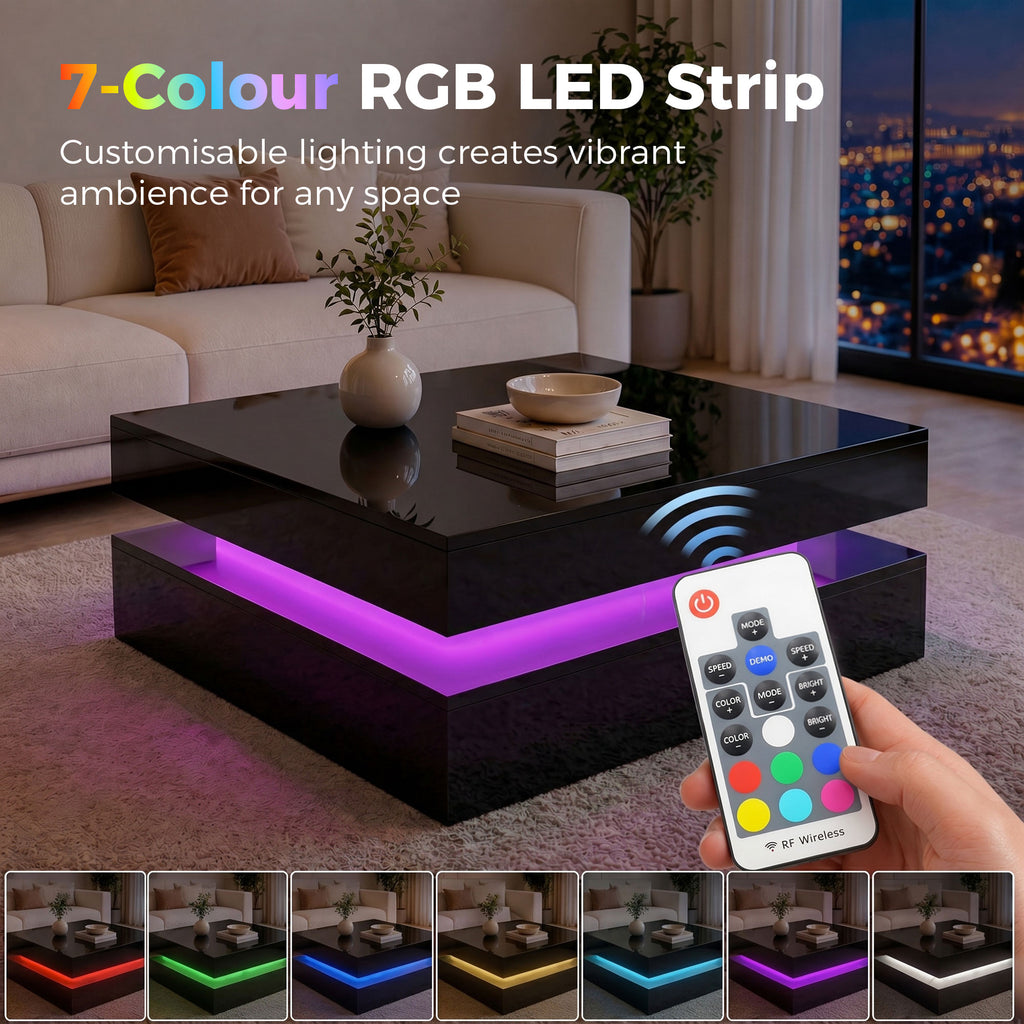 LED Coffee Table with Storage, 2-Tier Modern Centre Table with Open Shelf and Remote for Living Room, High Gloss Black