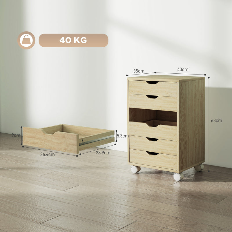 HOMCOM 6 Drawer Vertical File Cabinet, Mobile Filing Cabinet with Quiet Drawers and Wheels with 2 Brakes, Oak Wood – view 3