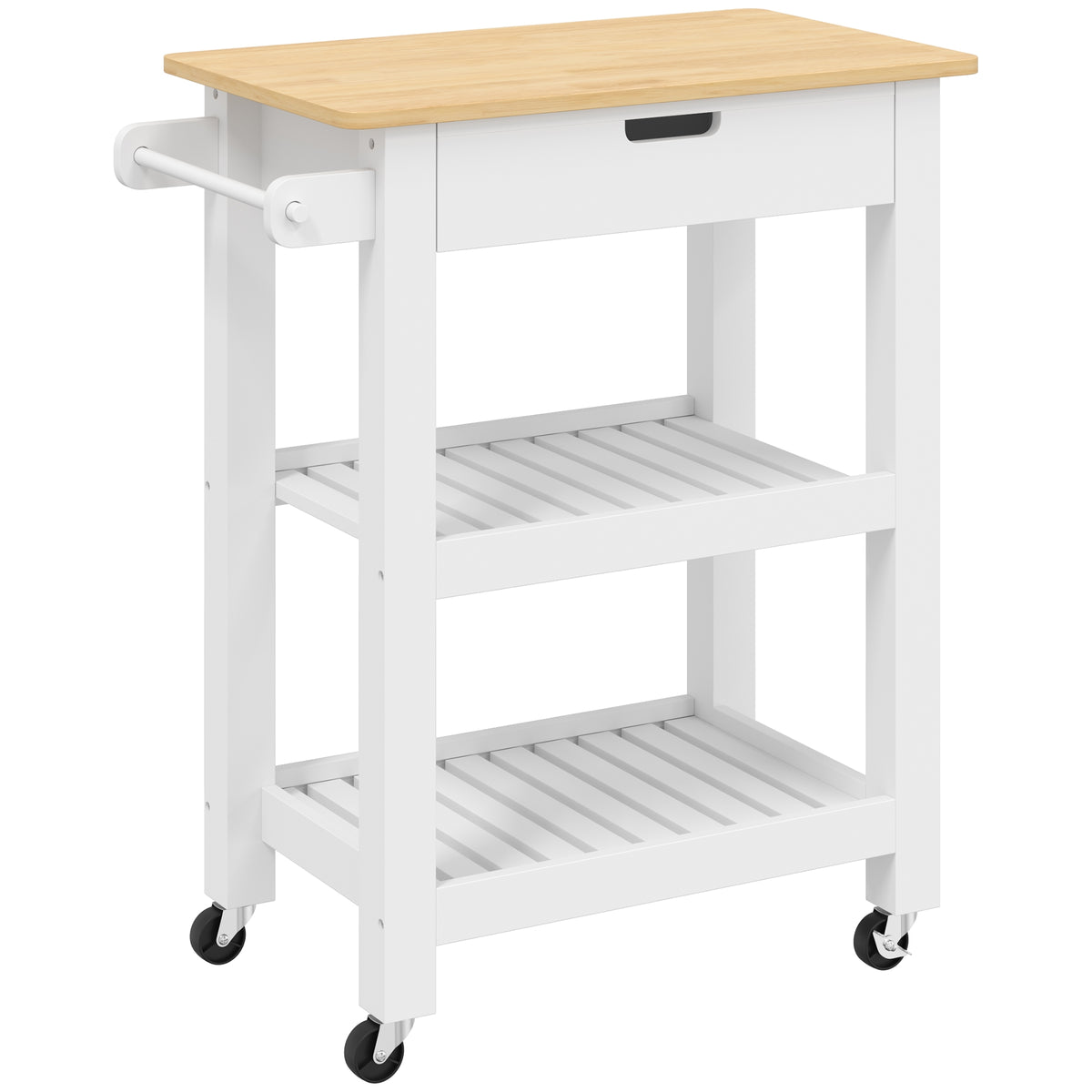 White kitchen trolley on wheels with rubberwood worktop, drawer, two shelves and side towel rail
