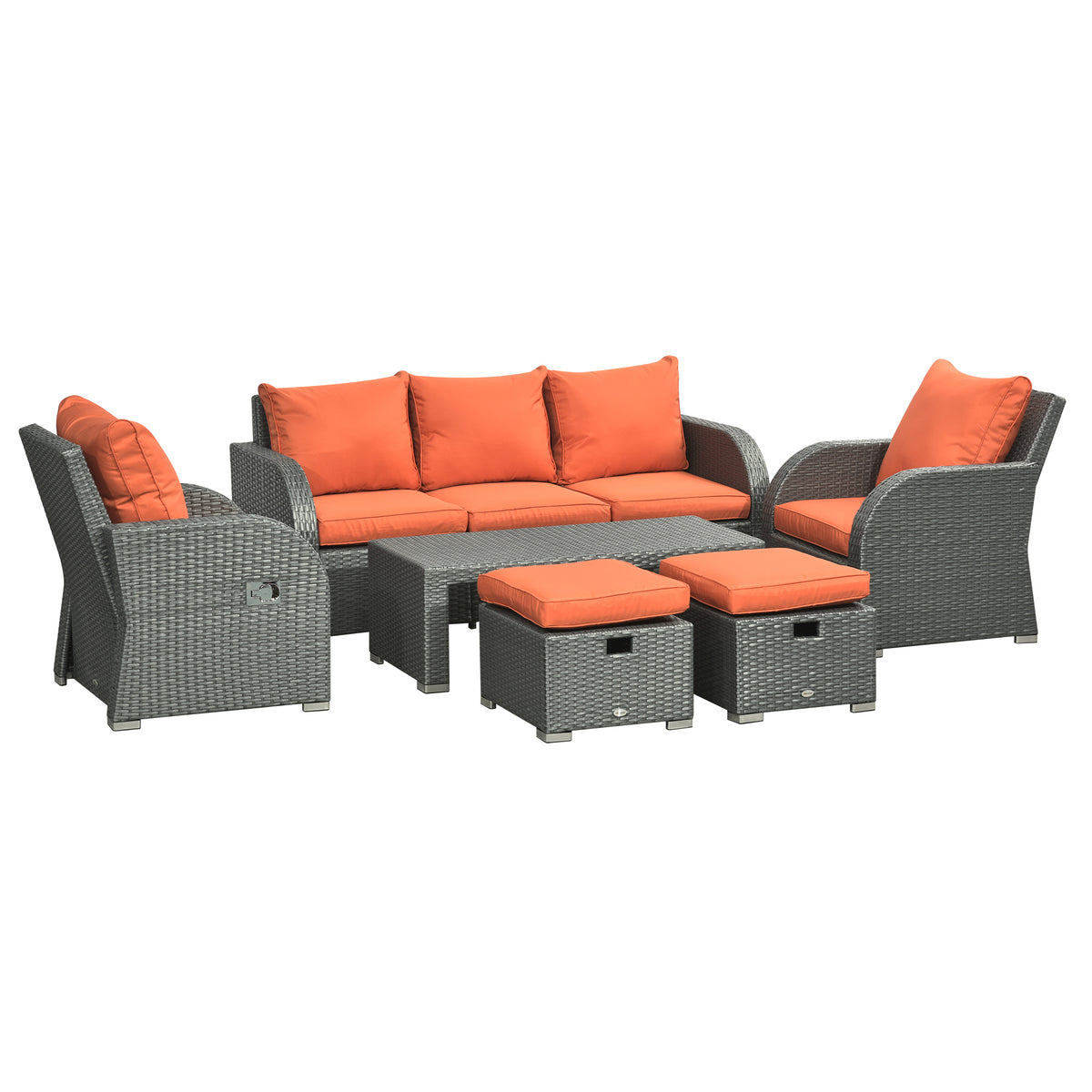 6-piece rattan sofa set with orange cushions, reclining armchairs, footstools and coffee table