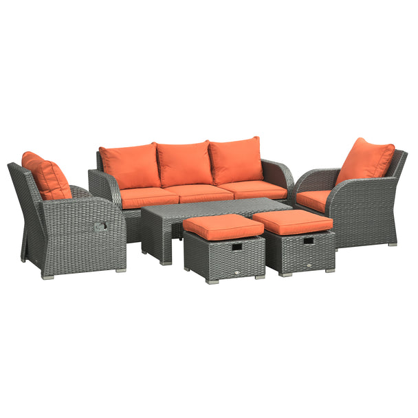 6-piece rattan sofa set with orange cushions, reclining armchairs, footstools and coffee table