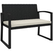 Two-seater beige rattan garden bench with black frame and seat cushion