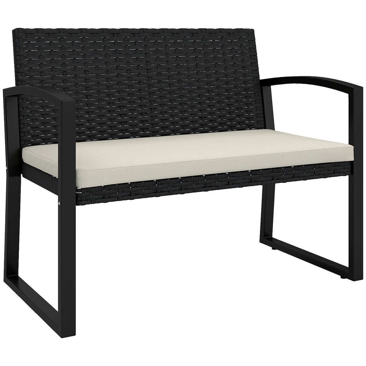Two-seater beige rattan garden bench with black frame and seat cushion