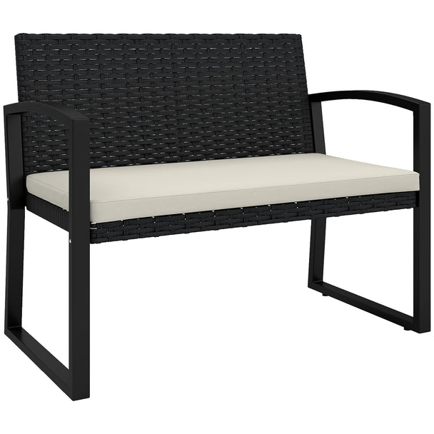 Two-seater beige rattan garden bench with black frame and seat cushion