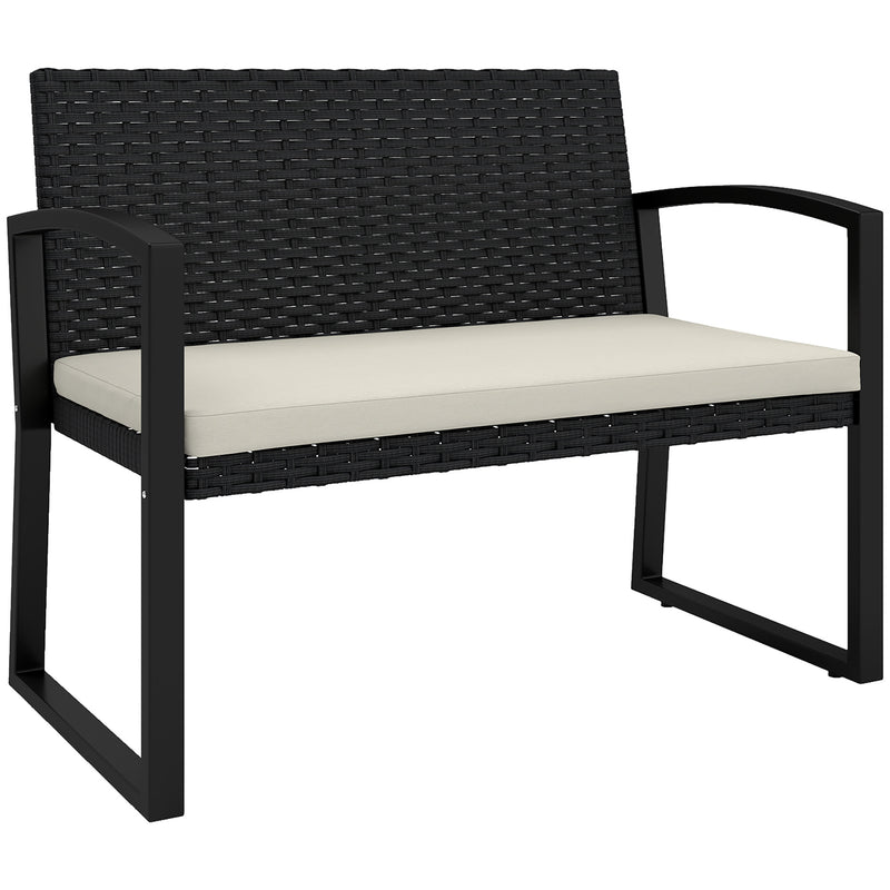 Two-seater beige rattan garden bench with black frame and seat cushion