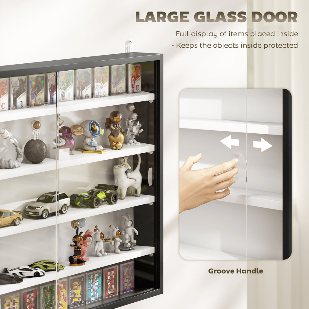 5-Tier Wall Display Cabinet,  Wall Mounted Display Case w/ 4 Adjustable Shelves, Glass Doors, 60x80cm, Black and White