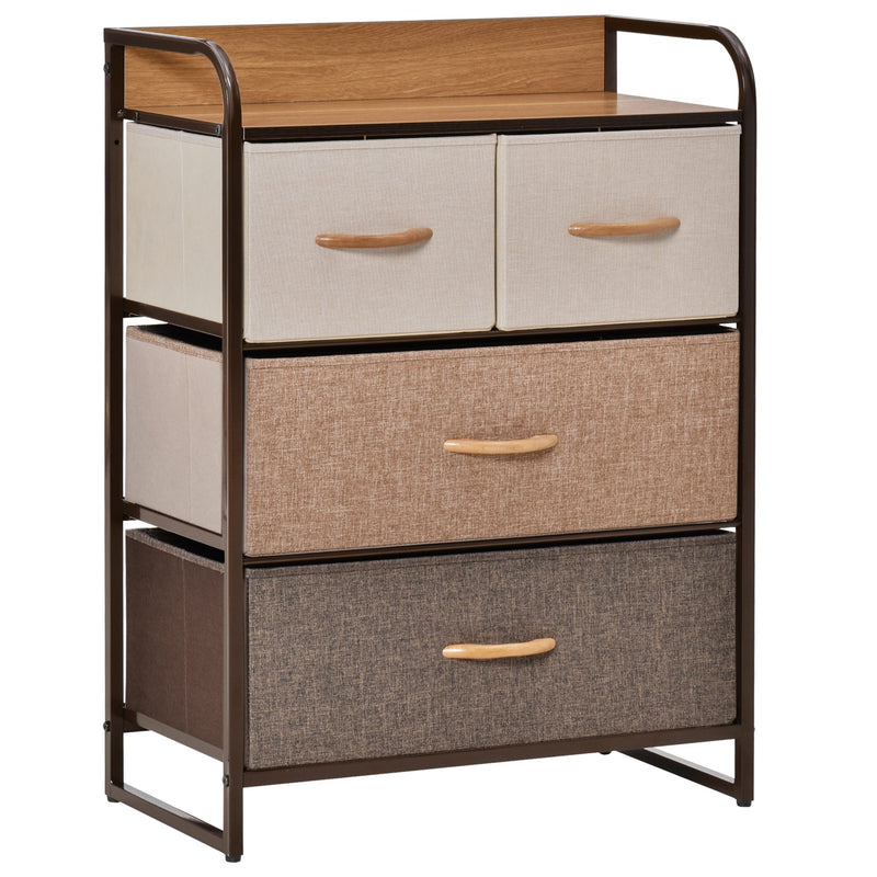 Multicolour four-drawer fabric dresser with steel frame and wooden top