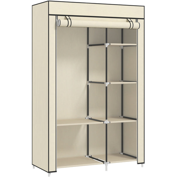 Cream fabric wardrobe with roll-up door, hanging rail and six shelves
