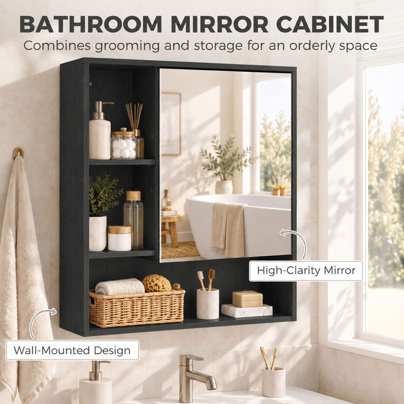 HOMCOM Bathroom Mirror Cabinet, Wall-Mounted Bathroom Cabinet with Mirror Door, Adjustable Shelves, Black – view 4