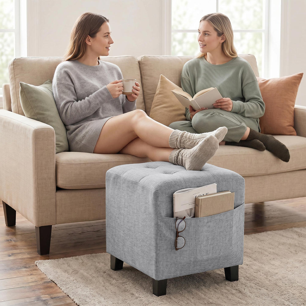 Square Footstool, Small Ottoman with Side Pocket, Linen Fabric Footrest Foot Stool with Rubber Wood Legs and Padded Seat for Living Room, Bedroom, Entryway, 35 x 35 x 35cm, Light Grey