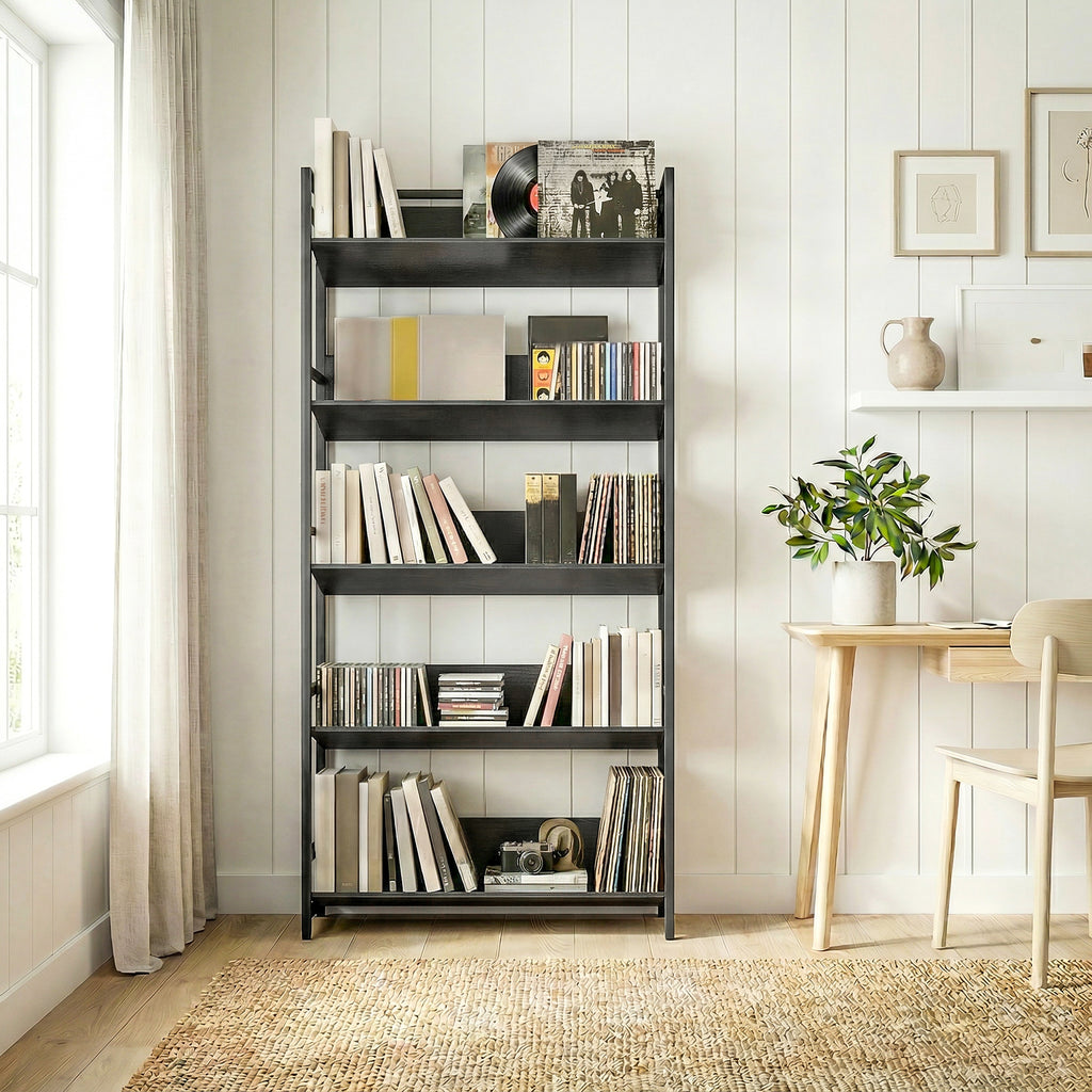 Bookshelf 5-Tier Metal Frame Bookcase Storage Shelves for Living Room Black