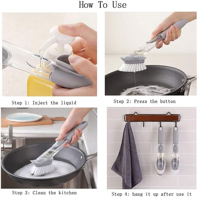 Instructions on how to use a cleaning brush with liquid, including steps for injection, pressing a button, cleaning, and hanging.