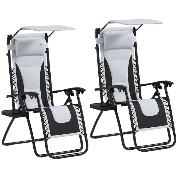 Set of 2 light grey folding zero gravity recliner chairs with shade canopies and cup holder trays