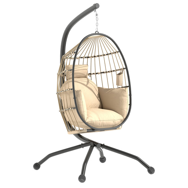 Khaki rope-weave hanging egg chair with steel X-base stand, thick cushion and head pillow