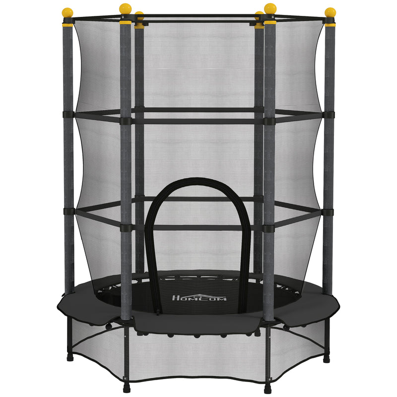 Black 4.6ft kids trampoline with enclosure net, padded poles and zipped door