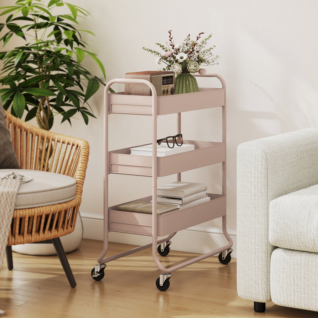 HOMCOM 3-Tier Storage Trolley on Wheels with Mesh Baskets - Light Pink