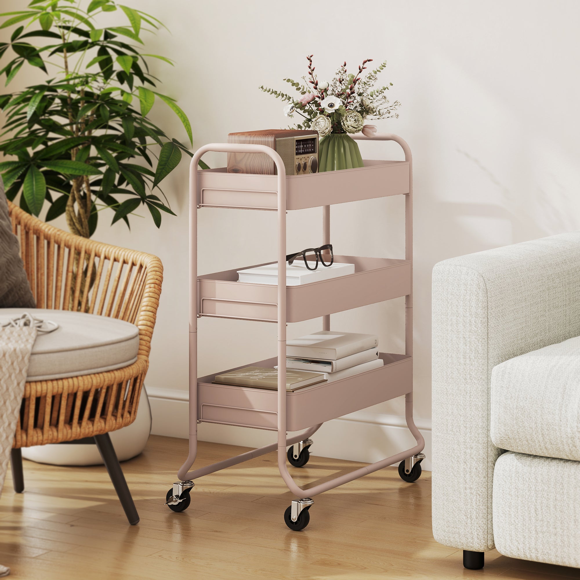 HOMCOM 3-Tier Storage Trolley on Wheels with Mesh Baskets - Light Pink