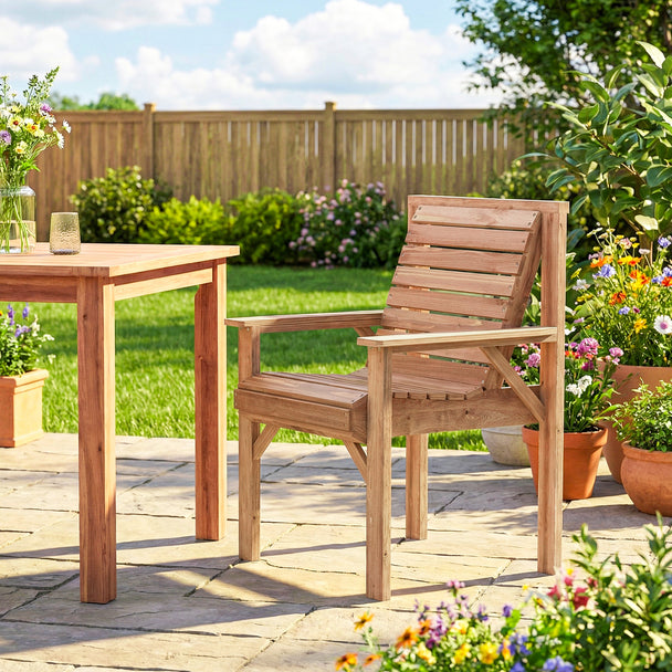 Outsunny Wooden Garden Dining Chair, Outdoor Chair Garden Armchair with Curved Seat and Wide Armrests, Natural Wood – view 2
