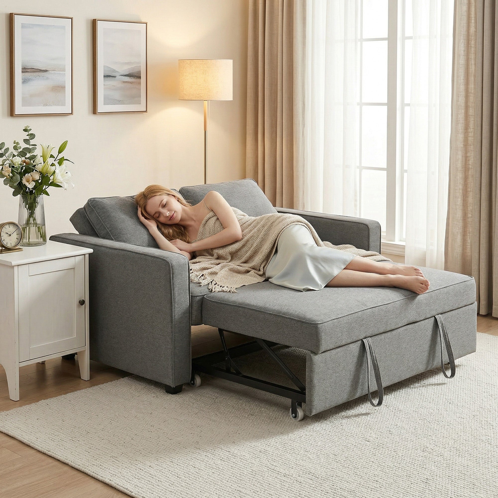 Double Sofa Bed Click Clack Sofa Bed Pull Out Bed with Adjustable Backrest for Living Room and Bedroom Grey