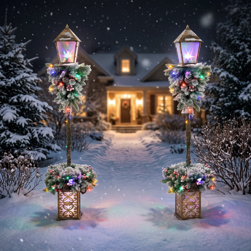Christmas lamp post beside a decorated doorway