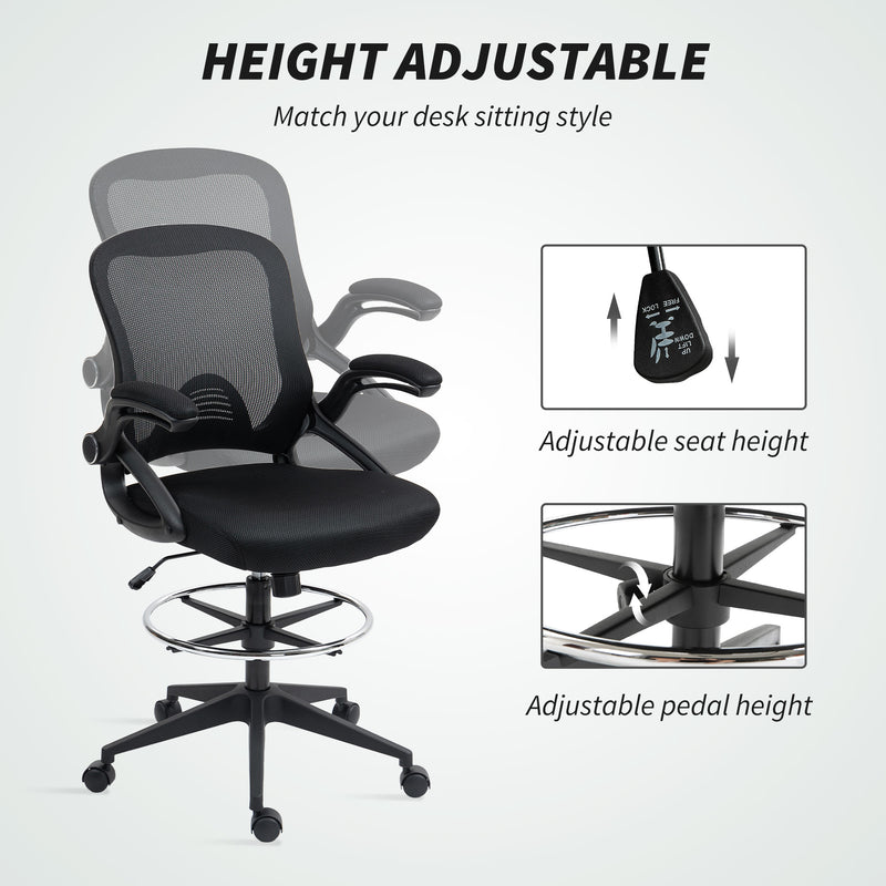 Vinsetto Drafting Chair with Flip-up Armrest, Mesh Office Stool with Foot Ring, 360 Degree Swivel Height Adjustable – view 4