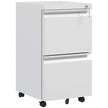White metal 2-drawer mobile filing cabinet with recessed handles and key lock on castor wheels