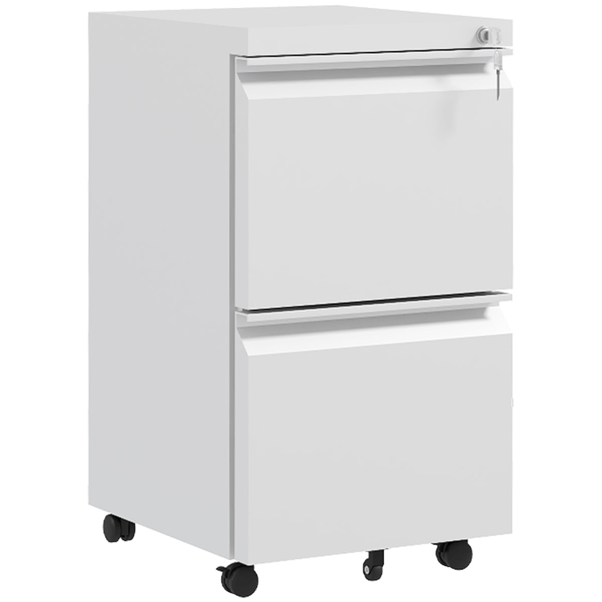 White metal 2-drawer mobile filing cabinet with recessed handles and key lock on castor wheels